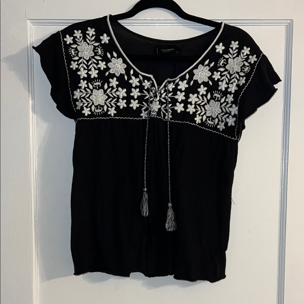 Lucky Brand Black Top with White Floral Embroidery